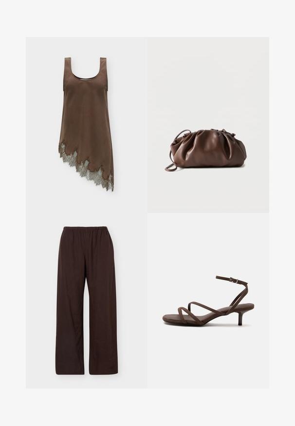 Robe marron sans manches en satin avec encolure dégagée et ourlet asymétrique avec bordure en dentelle le long du bord inférieur.; Pantalon marron foncé, coupe ample, taille élastique, jambes droites, sans poches ni motifs visibles.; Sandale marron à talons hauts avec fines lanières croisées et bride de cheville avec boucle argentée sur fond blanc.; Sacoche en cuir marron doux avec un haut froncé et une fine bandoulière, posée sur un fond blanc.