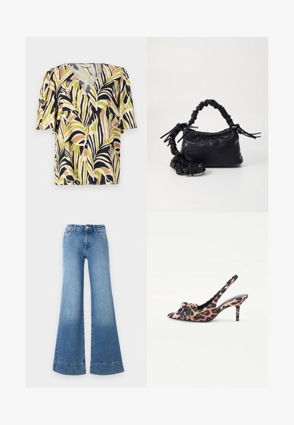 Korte mouwen blouse met een diepe V-hals, voorzien van een multicolore palmbladenpatroon in groen, zwart en bruin op een lichte achtergrond.; Lichtblauwe denim flared jeans met een hoge taille, wijd uitlopende benen en een lichte vervaging. Heeft een klassiek vijf-pocket ontwerp en een metalen knoopsluiting.; Luipaardprint slingback hakken met een spitse neus, een strikaccent aan de voorkant en een slanke hoge hak, gemaakt van een zacht textielmateriaal.; Zwarte nepleer handtas met een krokodillenstructuur, opgedroogde bovenkant en een gekreukte hengsel. Het lijkt zacht en compact van ontwerp.