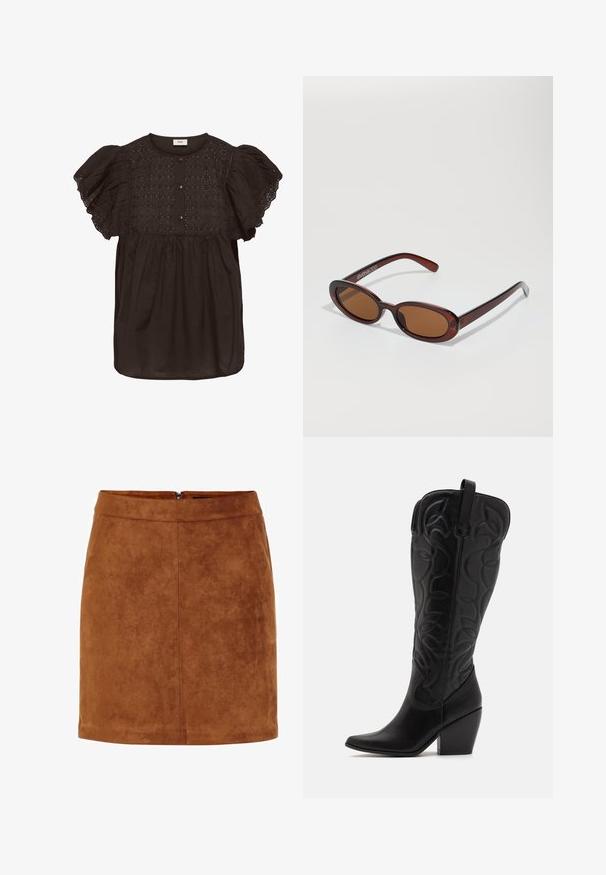 Blusa negra de manga corta con bordado de ojales en el frente, tres botones en el escote y mangas abullonadas con borde de encaje.; Minifalda de ante marrón con una textura suave, corte recto y un discreto cierre de cremallera en la parte trasera. Presenta detalles de costura para darle estructura.; Botas negras de cuero hasta la rodilla con punta puntiaguda y tacón apilado. Presentan costuras decorativas y elementos de diseño curvados.; Gafas de sol redondas con tinte marrón y un marco burdeos brillante. Patillas delgadas con un sutil detalle de marca. Diseño de lentes planos.