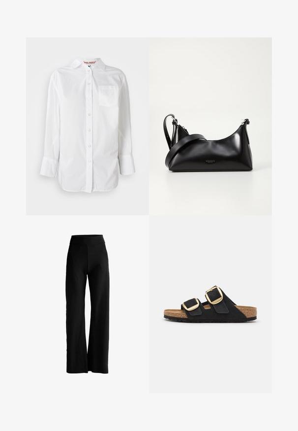 Camisa blanca de manga larga con botones, con cuello y un bolsillo en el pecho, exhibida sobre un fondo liso.; Pantalones negros de pierna ancha con una cintura alta, sin bolsillos visibles ni adornos, exhibidos sobre un fondo blanco.; Sandalias deslizantes de ante negro con dos correas anchas, cada una con una gran hebilla dorada, y una plantilla de corcho natural con una suela de goma texturizada.; Bolso de mano de cuero negro con una textura suave. Cuenta con una correa ajustable y un diseño elegante y minimalista con cierre de cremallera.