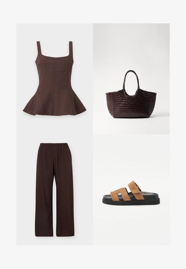 Haut péplum marron sans manches avec encolure carrée et corsage ajusté, présentant des détails de coutures verticales et un ourlet évasé.; Pantalon marron foncé, coupe ample, taille élastique, jambes droites, sans poches ni motifs visibles.; Sandales à glissière en suède marron avec deux larges bretelles, une semelle en caoutchouc noir et un design lisse et plat. Caractéristiques minimalistes et orteils ouverts.; Sac fourre-tout tissé marron avec un sommet arrondi et deux poignées. Présente un motif texturé avec une structure large et ouverte pour un accès facile.