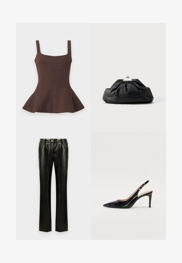 Haut péplum marron sans manches avec encolure carrée et corsage ajusté, présentant des détails de coutures verticales et un ourlet évasé.; Pantalons droits en simili cuir noir avec fermeture à bouton et à glissière, passants de ceinture et poches latérales, présentés sur un fond blanc.; Pompe slingback en cuir verni noir avec un bout pointu, un talon fin et un design de découpes subtil. Elle dispose d'une boucle dorée sur la sangle.; Pochette en cuir noir avec une texture plissée, fermeture à fermoir métallique, et logo embossé discret sur le devant. Forme arrondie.