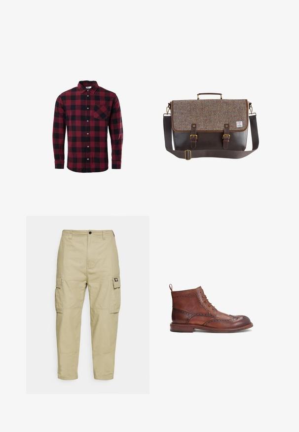 Camisa de franela para hombre, de manga larga y con botones, en patrón de cuadros rojo y negro con bolsillo en el pecho y cuello clásico.; Pantalones cargo beige hechos de una tela duradera, con dos bolsillos laterales, cierre de botón y piernas ajustadas con una textura suave.; Botas de cuero marrón con detalles de brogue decorativos, puntera redonda, diseño de cordones y un tacón bajo. Incluye una tira en la parte trasera para facilitar el calzado.; Bolso mensajero de cuero marrón con solapa de tweed, dos correas con hebilla, asa superior y correa de hombro ajustable sobre un fondo blanco.