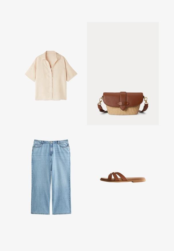 Beige overhemd met korte mouwen, knoopjes, open kraag en een losse pasvorm, plat gelegd op een witte achtergrond.; Lichtblauwe denim culottes met een hoge taille, brede benen en een vijf-pocket ontwerp met contrasterende stiksels en een knoopsluiting.; Bruine leren slipper sandalen met twee gekruiste banden, vlakke zool en een zachte, textuurgevoelige voetbed. Minimalistisch ontwerp zonder extra hardware.; Bruine leren en geweven stro schoudertas met klepsluiting en verstelbare riem met gespen in goudkleur.