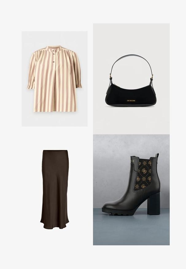 Lockere Bluse mit beigen und cremefarbenen vertikalen Streifen, dreiviertel Ärmeln mit elastischen Bündchen und einem hochgeschlossenen Kragen mit drei Knöpfen.; VILA VIELLETTE HW MIDI SKIRT - NOOS - Maxirock - coffee bean; Schwarze Knöchelstiefel aus glattem Leder mit einem Blockabsatz, der ein gemustertes Textilpanel mit goldenen Akzenten aufweist. Der Boden ist aus strukturiertem Holz und Kies.; Schwarze Umhängetasche aus Lackleder mit geschwungener Form, goldfarbenem "LOVE MOSCHINO"-Logo vorne und verstellbarem Riemen mit goldfarbenen Beschlägen.