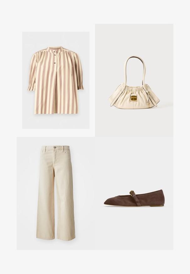 Losse blouse met beige en crèmekleurige verticale strepen, driekwartsmouwen met elastische boorden en een hoge kraag met drie knopen.; Beige wijdvallende jeans van denim, met een hoge taille, knoopsluiting, riemlussen en zijzakken. Gladde textuur en relaxed fit.; Bruine suède platte schoen met spits toelopende neus en gouden gespsluiting aan de zijkant, afgebeeld in zijaanzicht tegen een witte achtergrond.; Crèmekleurige zachte leren handtas met geplooide bovenkant, twee handvatten en een kleine rechthoekige sluiting in goudkleur aan de voorkant.