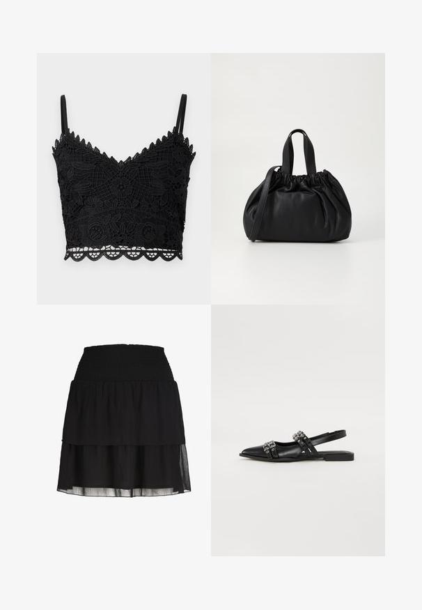 Μαύρο δαντελένιο bralette με ανθισμένο σχέδιο, κο scalloped άκρα, ρυθμιζόμενες τιράντες και υφή υφάσματος. Ελαφρύ και εφαρμοστό σχέδιο.; Μαύρη μίνι φούστα με βολάν και φαρδιά ελαστική μέση με σφηκοφωλιά καθώς και ελαφρώς διαφανή στρώματα ύφασμα.; Even&Odd by Zalando Μπαλαρίνες με λουράκι στον αστράγαλο - black; Μαύρη δερμάτινη τσάντα χειρός με σχεδίαση μαζεμένου κορυφής, διαθέτει δύο κοντές λαβές και μία μακριά ρυθμιζόμενη αλυσίδα. Λείος υφή, στρογγυλή μορφή.
