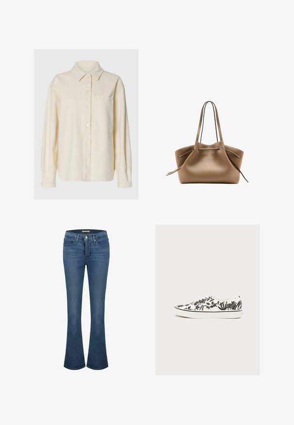 Langærmet cremefarvet skjorte med knapper, spidst krave og enkelt brystlomme, lavet af blødt, struktureret stof.; Blå denim flare jeans med en mid-rise talje, har stikninger, to frontlommer og en baglomme.; Lavtop hvid Vans sneaker med sort blomstermønster, hvide snørebånd og hvid gummisål med sort stribe.; Brun lædertaske med lange skulderstropper og snørredetalje på begge sider, let åben i toppen.