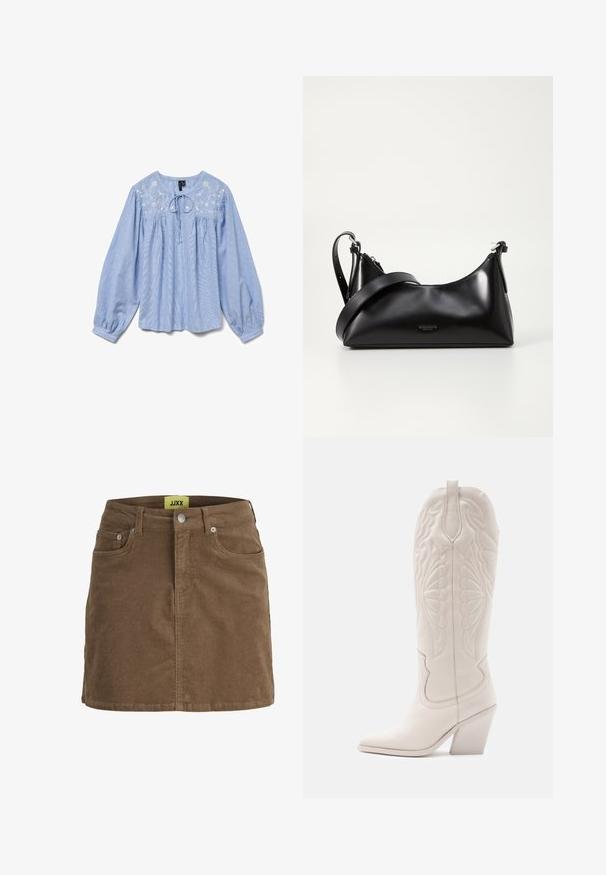 Lyseblå bluse med broderede blomsterdetaljer, lange ballonærmer, rund halsudskæring og en snor ved halsen, tekstureret stof.; Brun fløjlsnederdel med frontknapper og lynlås, bæltestropper og forlommer, med gul JJXX-mærkat indeni linningen.; Hvide læder cowboystøvler med spidse tæer og blokhæle. Har intrikate syninger på skaftet og en glat tekstur.; Sort læderhåndtaske med en glat tekstur. Har en justerbar stropp og et enkelt, minimalistisk design med lynlås.