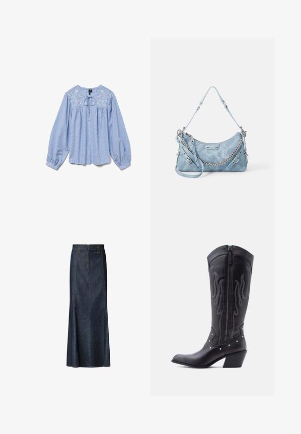 Lichtblauwe blouse met geborduurde bloemen, lange ballonmouwen, ronde halslijn en een strikje aan de hals, van een gestructureerde stof.; Denim midi-rok in donkerblauw met een strakke taille, zichtbare stiksels en een rechte pasvorm. Voorzien van een rits aan de voorkant en zakken.; Zwarte leren cowboylaarzen met een puntige neus, zichtbare stiksels, zilveren studaccenten en een ritssluiting aan de binnenkant.; ALDO FARALAELIAX - Handtas - blue