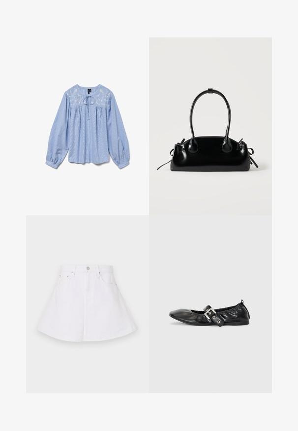 Blouse bleu clair avec des détails floraux brodés, manches bouffantes longues, encolure arrondie et un lien au cou, tissu texturé.; Jupe en denim blanc au design évasé, avec une taille ajustée, cinq poches et une fermeture à bouton à l'avant. Texture lisse.; Chaussure plate en cuir noir avec un nez pointu, des détails froncés autour de l'ouverture et un accent en boucle argentée sur la bride ajustable.; Petit sac à main noir brillant avec deux longues anses et des détails à cordon sur les côtés sur un fond clair uni.