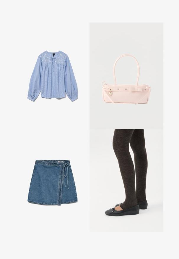 Lyseblå bluse med broderede blomsterdetaljer, lange ballonærmer, rund halsudskæring og en snor ved halsen, tekstureret stof.; Blå denim omslagsnederdel med sidebåndslukning og synlige syninger, over knælængde, vist fladt på hvid baggrund.; Ben iført mørke ribbede leggings kombineret med sorte balletsko med små sløjfedetaljer på hvid baggrund.; Lyserød rektangulær håndtaske med dobbelte håndtag, dekorativ sløjfe, metalnitter og lille hjerteformet vedhæng på en ensfarvet baggrund.