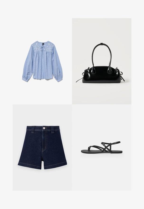 Lyseblå bluse med broderede blomsterdetaljer, lange ballonærmer, rund halsudskæring og en snor ved halsen, tekstureret stof.; Mørkeblå denimshorts med klassisk snit, fem-lomme design og kontrastfarvet gul syning samt metalknaplukning.; Sort flad sandal med tynde stropper, tåloop og justerbar spænnelukning ved anklen på en ensartet lysegrå baggrund.; Lille sort blank håndtaske med to lange håndtag og snøre-detaljer i siden på en ensfarvet lys baggrund.