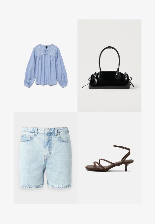 Blouse bleu clair avec des détails floraux brodés, manches bouffantes longues, encolure arrondie et un lien au cou, tissu texturé.; Shorts en denim bleu clair avec une coupe classique, dotés d'un design à cinq poches, de coutures cousues et d'une fermeture à bouton.; Sandale marron à talons hauts avec fines lanières croisées et bride de cheville avec boucle argentée sur fond blanc.; Petit sac à main noir brillant avec deux longues anses et des détails à cordon sur les côtés sur un fond clair uni.