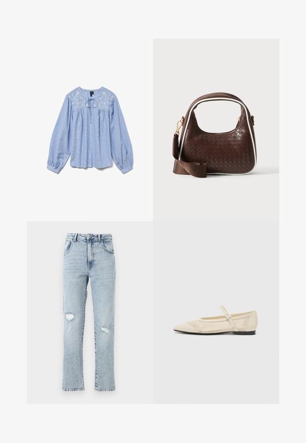 Lyseblå bluse med broderede blomsterdetaljer, lange ballonærmer, rund halsudskæring og en snor ved halsen, tekstureret stof.; Lysblå denimjeans med en afslappet pasform, der har to knærevner, fem lommer og en frynset kant. Knap- og lynlåslukning.; Beige balletflader med spids tå, mesh design overlay og en side spænde. Flad sål med en glat tekstur.; Brun vævet læderhåndtaske med hvid piping, guldfarvet lynlås og aftagelig brun stofskulderrem.