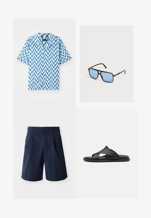 Kortærmet skjorte i blå nuancer med et geometrisk zigzag-mønster, lavet af letvægtsstof. Har en klassisk krave og regular fit.; Mørkeblå shorts lavet af letvægtsstof, med knappelukning, sidelommer og et enkelt design med plissee foran.; Stuart Weitzman BERKLEY - Slip-on sandaler - black; Sorte solbriller med rektangulært stel og lyseblåtonede linser, hvilende på en hvid overflade.