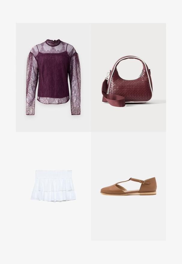 Blouse en dentelle violette à manches longues avec des sections transparentes sur les manches et le haut de la poitrine, dotée d'un col haut et de motifs floraux complexes.; Shorts blancs à volants avec une taille smockée, dotés de tissu superposé et de détails texturés subtils. Design léger et décontracté.; Chaussure plate en cuir brun avec un design à découpes, une bride de cheville et une semelle en bois clair. Présente un bout arrondi et une texture lisse.; Sac à main en cuir tressé marron foncé avec poignée courbée, garniture blanche, fermeture éclair argentée et bandoulière large en tissu amovible sur fond uni.
