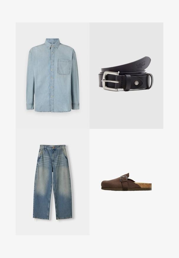 Hellblaue Denim-Hemd mit langen Ärmeln, Knopfleiste und einer einzelnen Brusttasche. Verfügt über einen klassischen Kragen und Standardmanschetten.; Hellblaue Denim-Jeans im weit geschnittenen Stil mit einem ausgewaschenen Finish, Fünf-Taschen-Design und rohem Saum. Mit einem Knopf- und Reißverschluss vorne.; Brauner Wildleder-Clog mit verstellbarem Riemen, Kork-Fußbett und strukturierter Gummisohle. Flaches Profil mit abgerundetem Zehenbereich und seitlichen Belüftungsöffnungen.; Schwarzer Ledergürtel mit silberner Metallschnalle, einem Druckknopf zur Verstellung und geprägtem Muster auf dem Leder. Gleichmäßige, glatte Textur.