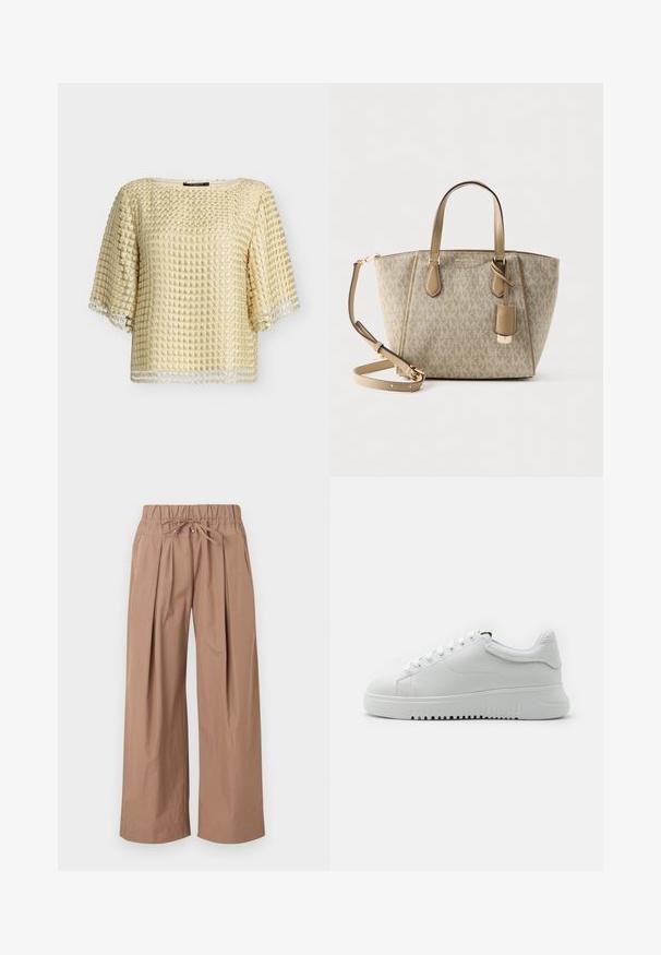 Beige blouse met korte mouwen met een getextureerd ruitpatroon en bloemenborduursel, met een ronde hals en een losse pasvorm.; Lichtbruine broek met wijde pijpen, elastische tailleband en gebonden trekkoord, met voorplooien en zijzakken.; Witte sneakers met een bovenwerk van gemarmerd leer, ronde neus en vetersluiting. Dikke witte rubberen zool met een gemarmerd grippatroon.; Beige Michael Kors tote bag met logopatroon, twee handvatten, afneembare schouderband en hangend leren label op een effen achtergrond.