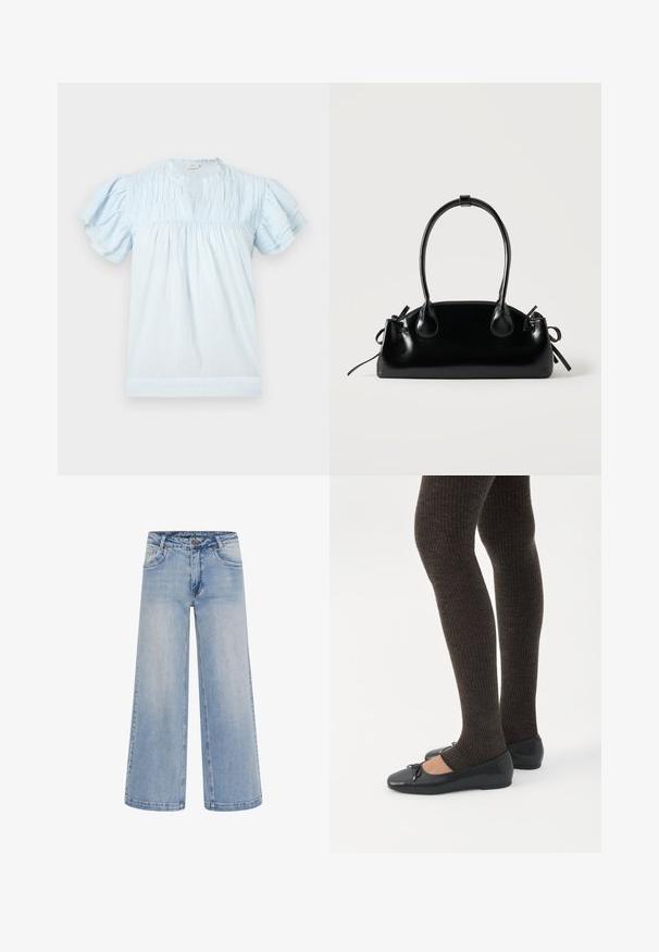 Lyseblå bluse med korte ærmer med flæser, rynket halsudskæring og løs pasform.; Lyseblå brede jeans med høj talje, fem lommer og kontrastsyninger. Fremstillet af denim med en glat tekstur.; Ben iført mørke ribbede leggings kombineret med sorte balletsko med små sløjfedetaljer på hvid baggrund.; Lille sort blank håndtaske med to lange håndtag og snøre-detaljer i siden på en ensfarvet lys baggrund.
