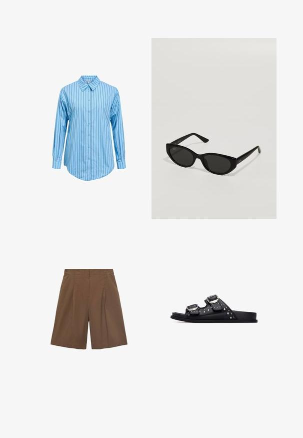 Camisa de manga larga azul claro con rayas verticales oscuras y cuello puntiagudo, mostrada sobre un fondo blanco liso.; Pantalones cortos marrones a medida con un frente plano, pliegues y bolsillos laterales. Fabricados con una tela ligera, ofrecen un ajuste relajado y bordes rematados.; Sandalias negras con dos correas ajustables, hebillas plateadas y detalles con tachuelas. Suela plana con textura suave.; Gafas de sol negras con una forma de ojo de gato estrecha. Hechas de plástico suave, con lentes oscuros y sutiles acentos de logo en las patillas.