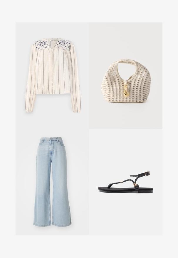 Beige langærmet bluse med navy lodrette striber, knaplukning foran og broderet blomstermotiv ved udskæringen. Struktureret stof.; Lyseblå vide jeans lavet af denim. Har høj talje, frontlukning med knap og to sidelommer. Slidt tekstur langs kanterne.; Sorte flade sandaler med flettede stropper og en metallisk detalje. Har en justerbar spænde og flad gummisål for komfort.; Kremfarvet vævet håndtaske med rund form, kort håndtag og dekorativ guldfarvet lås hængende foran i midten.