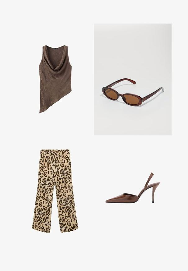 Brun asymmetrisk ærmeløs top med cowl-halsudskæring og subtilt blomsterjacquardmønster.; Betræksbukser med leopardmønster i beige og brun, med snøre i taljen, glat stof og en afslappet pasform.; Brune patentlæder slingback pumpe med spids tå og stiletto hæl. Har en slank hæl og minimalistisk design.; Runde, bruntonede solbriller med en glansfuld bordeauxramme. Slanke arme med diskret brandingdetalje. Flad linsedesign.