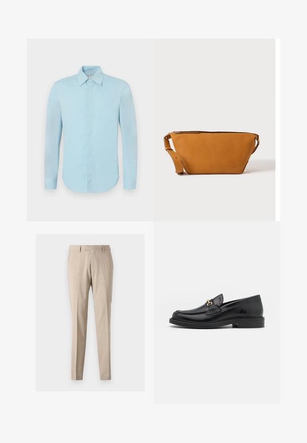 Paul & Joe COSMA - Pluus - bleu; Bežid ritkkonda püksid kergest kangast, millel on ees voldid, kaks küljetaskut ja sile tekstuur.; Mustad nahast loafers ümarate varvastega, millel on kuldne riistvaraline aksessuaar ja tikandite detail, paigutatud madalale, tekstureeritud kummist tallale.; Helepruun nahast ristiaskott reguleeritava sangaga ja tõmblukuga sulgumisega, kujutatud ühevärvilise heleda tausta ees.