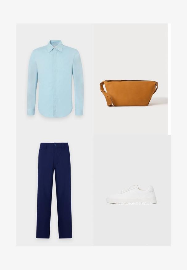 Paul & Joe COSMA - Camisa - bleu; Pantalones azul marino con botón y cremallera, corte recto, parte delantera lisa y bolsillos laterales; fabricados en una tela suave y ligera.; Zapatilla blanca con parte superior de cuero suave, puntera redondeada, cordones, acentos laterales texturizados y suela de goma gruesa. Diseño minimalista.; Bolso bandolera de cuero marrón claro con correa ajustable y cierre de cremallera, mostrado sobre un fondo claro y liso.