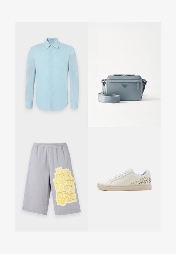 Paul & Joe COSMA - Hemd - bleu; Graue Baumwollshorts mit einem elastischen Bund, versehen mit einem großen gelben Grafikdruck und ausgefransten Kanten am linken Bein.; Weisse Ledersneakers mit einer glatten Textur, ausgestattet mit bunten Linienmustern an der Ferse und einer beigen Gummisohle.; Blau strukturierte Umhängetasche aus strukturiertem Material, mit Reißverschluss, Fronttasche und verstellbarem Schulterriemen mit "EMPOR"-Markierung.