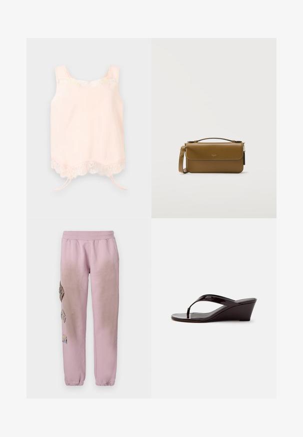 Lyserød ærmeløs camisole med blonder ved halsudskæring og kant, med to bånd til at binde foran nederst.; Lyserøde sweatpants med elastisk talje, prydet med dekorative patches i diamantform på venstre side og elastiske manchetter ved anklerne.; Brun patentlæder kile-sandal med tåremme og åben tå, vist i sideprofil på en ensfarvet baggrund.; Rektangulær olivengrøn læderhåndtaske med tophåndtag, aftagelig skulderrem og klaplukning, placeret på en hvid baggrund.