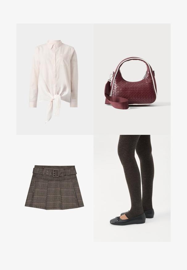 Chemise à manches longues rose clair avec un col et un ourlet noué à l'avant. Comprend une petite poche sur le côté gauche. L'arrière-plan est blanc uni.; Jupe mini à carreaux en noir, brun et beige. Comprend une taille ceinturée, des plis et un tissu texturé avec un motif géométrique.; Jambes portant des leggings côtelés foncés associés à des ballerines noires avec de petits détails en nœud sur fond blanc.; Sac à main en cuir tressé marron foncé avec poignée courbée, garniture blanche, fermeture éclair argentée et bandoulière large en tissu amovible sur fond uni.