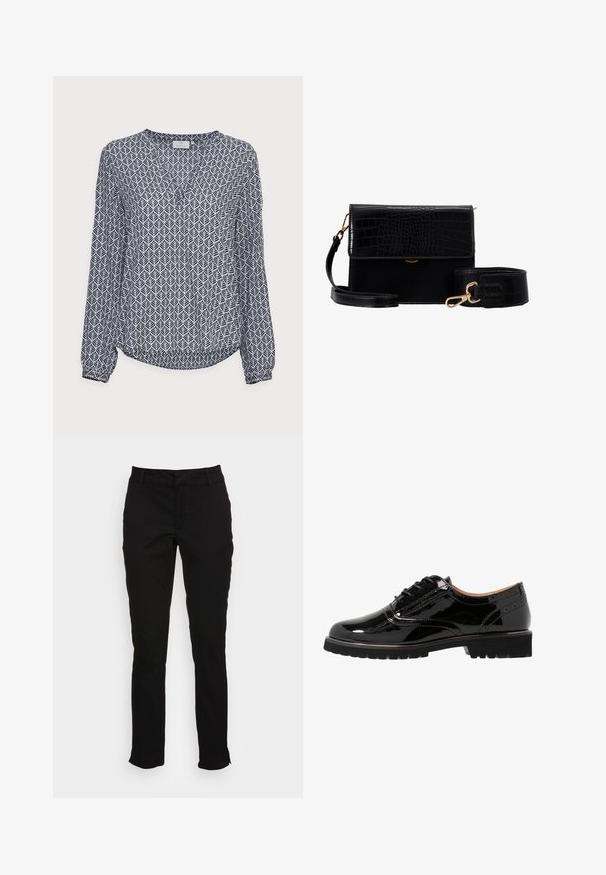 Camiseta de manga larga en blanco y marino con un patrón geométrico de hojas. Tejido suave, escote en V y dobladillo ligeramente curvado. Mangas con puños.; Pantalones de algodón negros con corte ajustado, pierna recta, trabillas para cinturón y bolsillos delanteros. Textura suave con sutilezas en los detalles de la costura.; Zapatos de charol negro con cordones, punta redondeada, detalles de brogue, suela de goma y un acabado texturizado. Con pequeños ojales como acento.; Bolso bandolera de faux cuero negro con textura de cocodrilo, herrajes dorados y una correa desmontable. Cuenta con un cierre de solapa y un compartimento interior.