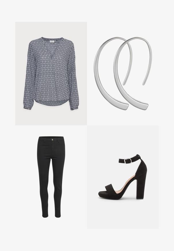 T-shirt à manches longues en blanc et bleu marine avec un motif géométrique de feuilles. Tissu doux, décolleté en V et ourlet légèrement arrondi. Manches à poignet.; Jeans skinny noirs avec une texture de tissu lisse, dotés d'une fermeture à bouton à l'avant, de cinq poches et d'un design ajusté.; Anna Field by Zalando Sandales - black; Boucles d'oreilles en métal argenté en forme de croissant, avec une surface lisse et brillante. Elles présentent un design minimaliste sans motifs visibles.