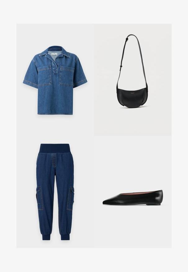Kortekleurige denim overhemd in medium blauw, met een kraaghals, twee voorzakken en contrasterende stiksels. Ontspannen pasvorm en afgeronde zoom.; Denim joggers met een brede elastische tailleband, twee zijvakken met klep en ribgebreide enkels; donkere blauwe kleur met contrasterende stiksels.; Zwarte leren damesschoen met platte zool, puntige neus en lage hak, zijwaarts afgebeeld tegen een effen lichtgrijze achtergrond.; Zwart leren halvemaanvormige crossbodytas met verstelbare riem en klein gouden logo in het midden aan de voorkant.
