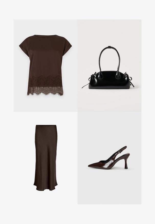 Brun kortærmet top i glat stof med detaljeret blonderkant langs nederste kant og rund halsudskæring.; VILA VIELLETTE HW MIDI SKIRT - NOOS - Maxinederdele - coffee bean; Brune patenterede læderslingback-sandaletter med spids tå, en tynd hæl og justerbar rem med en lille spænde.; Lille sort blank håndtaske med to lange håndtag og snøre-detaljer i siden på en ensfarvet lys baggrund.