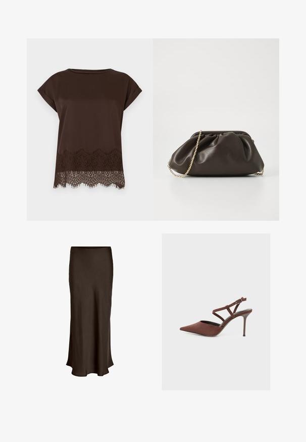 Bruin kortärmelig top van gladde stof, met fijne kanten afwerking langs de onderrand en een ronde halslijn.; VILA VIELLETTE HW MIDI SKIRT - NOOS - Maxirok - coffee bean; Bruine pumpsandaal met puntige neus, dunne kruisriempjes en een verstelbare enkelgesp op een lichtgrijze achtergrond.; Bruine leren handtas met een geaccentueerd ontwerp, gouden kettinghengsel en een zachte, textuurafwerking. Compacte vorm geschikt voor avondgebruik.