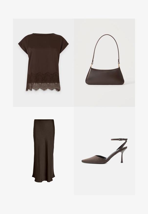 Pruun lühikeste varrukatega särk, sileda kangaga, millel on alumisel äärel peen pitsi ääris ja ümar kaelus.; VILA VIELLETTE HW MIDI SKIRT - NOOS - Maksiseelik - coffee bean; Pruun seemisnahast terava ninaga kõrge kontsaga king, millel on õhuke pahkluu rihm ja hõbedane pandlaga valgel taustal.; Tumepruun nahast käekott kõverdatud ülaosa luku ja õhukese õlarihmaga, millel on kuldsed kinnitusdetailid, ühevärvilisel taustal.