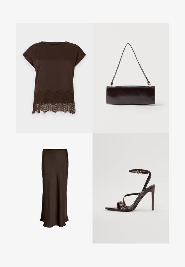 Brun kortærmet top i glat stof med detaljeret blonderkant langs nederste kant og rund halsudskæring.; VILA VIELLETTE HW MIDI SKIRT - NOOS - Maxinederdele - coffee bean; Bordeaux laker læder højhælede sandal med ankelrem, spids tå og tre vandrette remme over foden. Detalje med spænde i guldtonet.; Rektangulær sort læderhåndtaske med en enkelt lang rem og blank finish, vist mod en ensfarvet hvid baggrund.