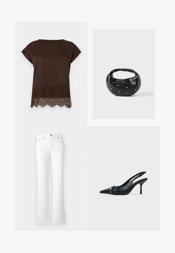 Bruin kortärmelig top van gladde stof, met fijne kanten afwerking langs de onderrand en een ronde halslijn.; Witte denim flared jeans met een hoge taille, vijf zakken en een knoopsluiting. De stof heeft een gladde textuur met zichtbare stiksels.; Zwarte leren pumps met hoge hak en slingback, met een puntige neus en een gesp- en oogjesriem detail aan de voorkant.; Zwarte leren handtas met een afgeronde vorm, versierd met zilveren studs, en een korte handgreep. Gladde textuur en ritsluiting.