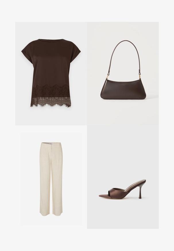 Haut marron à manches courtes en tissu lisse, avec une bordure en dentelle délicate le long du bord inférieur et un col rond.; Pantalon en lin beige à coupe droite, avec une texture lisse et un léger éclat. Comprend une ceinture et des poches avant discrètes.; Mule en satin marron à bout ouvert avec un talon fin de hauteur moyenne et une conception à enfiler sur fond blanc uni.; Sac à main en cuir marron foncé avec une fermeture éclair incurvée en haut et une fine bandoulière avec des fermoirs dorés sur un fond uni.
