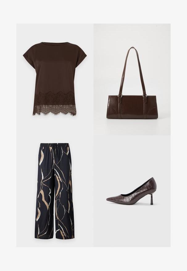 Brun kortærmet top i glat stof med detaljeret blonderkant langs nederste kant og rund halsudskæring.; Bredde ben bukser i et mørkt navy stof, med et dristigt abstrakt mønster i beige og hvid. Elastisk talje med snøre.; Brune kunstlæder stiletter med spidse tæer og krokodilletekstur, der har en slank, vinklet hæl og en glat inderside.; Brun lakeret håndtaske med rektangulær form, to lange håndtag og subtile buede detaljer på fronten.