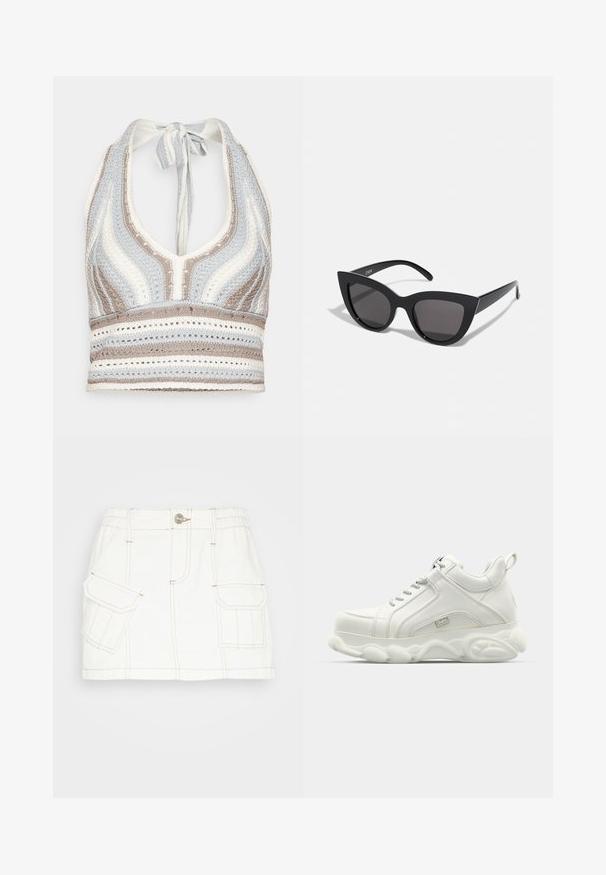 Haken haltertop met lichtblauwe, beige en witte strepen, een diepe V-halslijn en een strik aan de achterkant. Open geweven textuur door het hele ontwerp.; BDG Urban Outfitters SKIRT - Jeansrok - white; Witte sportieve sneakers met een gladleren bovenkant, ronde zool en textuuraccent. Beschikt over veters en een trekring aan de achterkant.; Zwarte cat-eye zonnebril met een matte afwerking, voorzien van grijs getinte glazen, scherpe hoeken en slanke zijarmen. Merkennaam zichtbaar op de binnenarm.