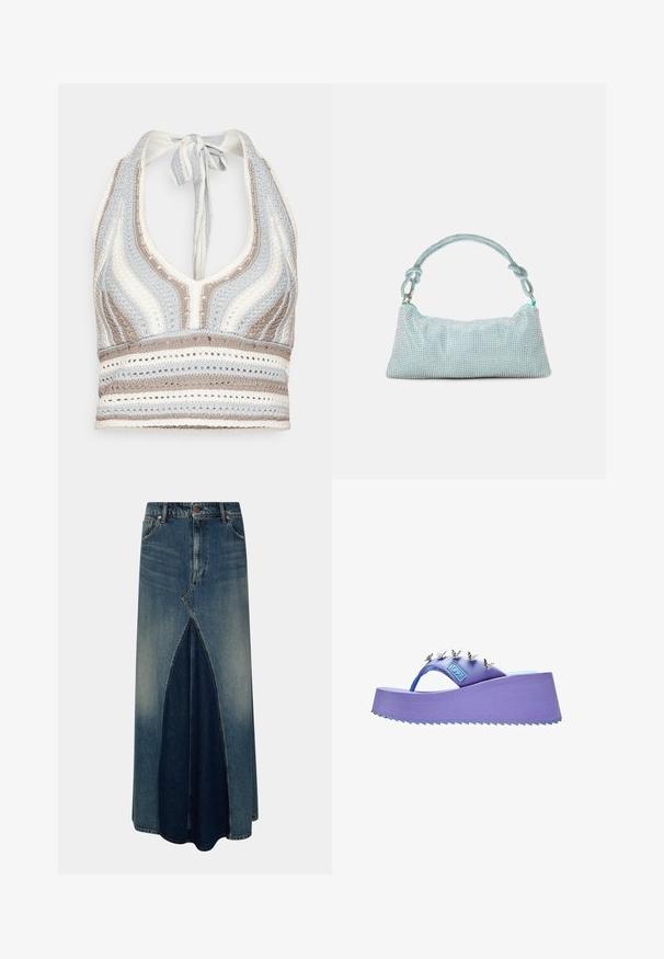 Top de ganchillo tipo halter con rayas en azul claro, beige y blanco, con un escote profundo en V y una espalda atada. Textura de tejido abierto en todo el top.; Falda maxi de mezclilla azul con pliegue invertido frontal, pasadores para cinturón, cierre de botón y cremallera, y detalles de lavado desgastado.; Chancla de plataforma morada con decoraciones de mariposas plateadas en la tira y una suela texturizada.; Mascara Clutch - mint