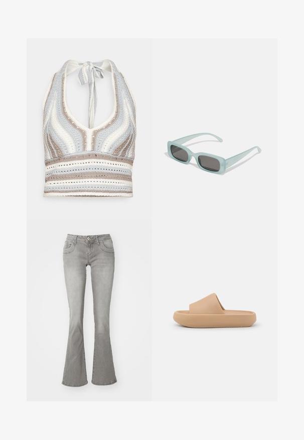 Hæklet halterneck-top med lyseblå, beige og hvide striber, dyb V-halsudskæring og knyttet ryg. Åben vævet tekstur hele vejen igennem.; Grå flagrende jeans med en middelhøj talje, frontlommer og knaplukning, lavet af denimstof med en glat tekstur.; Tan slidesandal med en tykk tekstureret rem og en rund sål. Har en glat overflade og en mønstret underside for bedre greb.; Et par rektangulære solbriller med lyseblå gennemsigtige stel og mørkegrå linser, der har lige templer og minimale hardware detaljer.