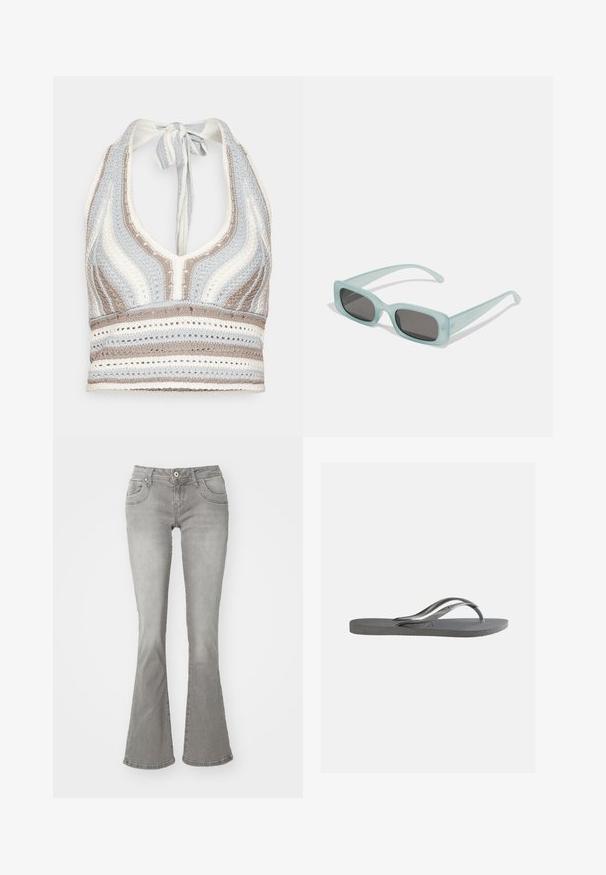 Hæklet halterneck-top med lyseblå, beige og hvide striber, dyb V-halsudskæring og knyttet ryg. Åben vævet tekstur hele vejen igennem.; Grå flagrende jeans med en middelhøj talje, frontlommer og knaplukning, lavet af denimstof med en glat tekstur.; Flad grå klip-klap sandal med tekstureret sål og tynde Y-formede stropper, vist fra siden mod en ensfarvet lys baggrund.; Et par rektangulære solbriller med lyseblå gennemsigtige stel og mørkegrå linser, der har lige templer og minimale hardware detaljer.