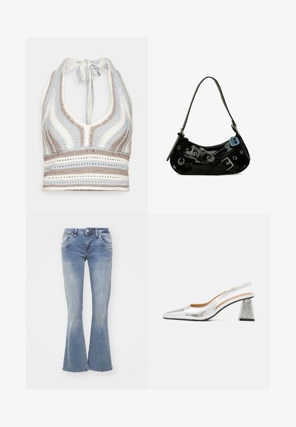 Haut halter en crochet avec des rayures bleu clair, beige et blanc, doté d'un décolleté en V profond et d'un lien dans le dos. Texture en torsion ouverte sur l'ensemble.; Jean évasé bleu en denim, avec un délavage clair, cinq poches et une fermeture à bouton. Les jambes sont larges au niveau de l'ourlet.; Pompe argentée à talon slingback avec un bout pointu, une finition métallique texturée et un talon bloc triangulaire. L'intérieur présente des détails en cuir marron.; Sac à main en cuir verni noir avec une forme incurvée, présentant des ferrures en argent, des boucles décoratives et une bandoulière courte. Étiquette bleue attachée.