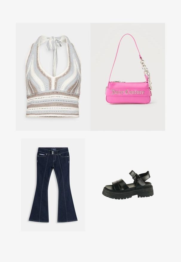 Hæklet halterneck-top med lyseblå, beige og hvide striber, dyb V-halsudskæring og knyttet ryg. Åben vævet tekstur hele vejen igennem.; Mørkeblå vidde jeans med hvide syninger, forlommer, bæltestropper og to sølvknapper i taljen.; Sort sandal med chunky sål, to brede stropper foran, ankelstrop og sølvspænde på hvid baggrund.; Lille lys pink Juicy Couture håndtaske med sølvkædedetalje og logotekst på forsiden, enkelt smalt skulderrem.