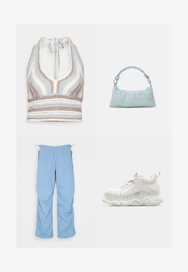 Haut halter en crochet avec des rayures bleu clair, beige et blanc, doté d'un décolleté en V profond et d'un lien dans le dos. Texture en torsion ouverte sur l'ensemble.; Pantalons larges de couleur bleu clair en tissu doux. Dotés d'une taille à cordon, de deux poches latérales et d'une coupe décontractée avec des coutures soignées.; Baskets blanches de sport avec une tige en cuir lisse, une semelle arrondie et un accent texturé. Comprend des lacets et une languette à l'arrière.; Mascara Pochette - mint