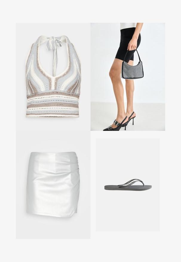 Hæklet halterneck-top med lyseblå, beige og hvide striber, dyb V-halsudskæring og knyttet ryg. Åben vævet tekstur hele vejen igennem.; Even&Odd by Zalando Shorts - silver; Flad grå klip-klap sandal med tekstureret sål og tynde Y-formede stropper, vist fra siden mod en ensfarvet lys baggrund.; Sort perlehandtaske med en buet silhuet, bærehåndtag og blank overflade. Båret med højhælede sorte sko og tætsiddende sorte shorts.